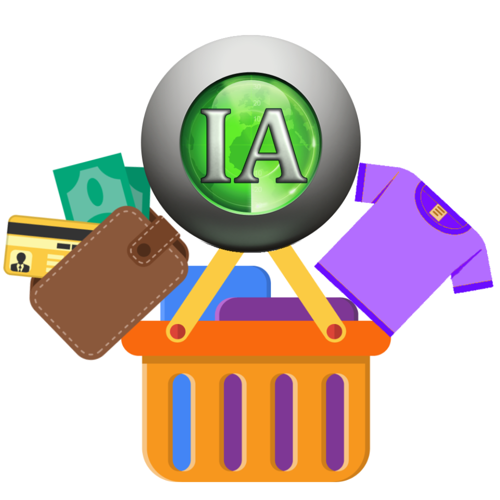 Ilustração de uma cesta de compras com ítens variados dentro, suspensa por uma esfera com a inscrição IA ao centro. Logomarca do aplicativo Comercial Básico.
